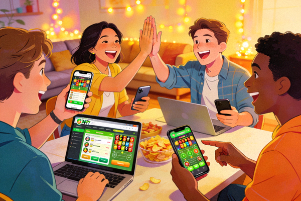 Hình ảnh minh họa nhóm bạn bè vui vẻ cùng nhau tham gia cá cược trực tuyến