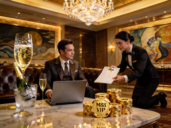 M88 VIP会员在奢华环境中享受专属服务，面前有笔记本电脑、香槟和金色筹码