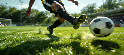 足球运动员在绿茵场上射门的动态瞬间