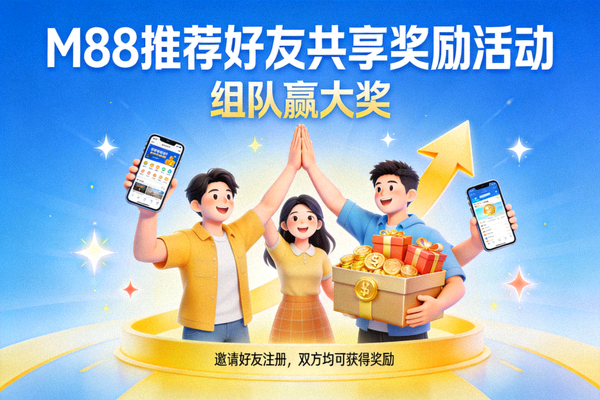 M88推荐好友共享奖励活动宣传图，展示朋友组队获得奖励