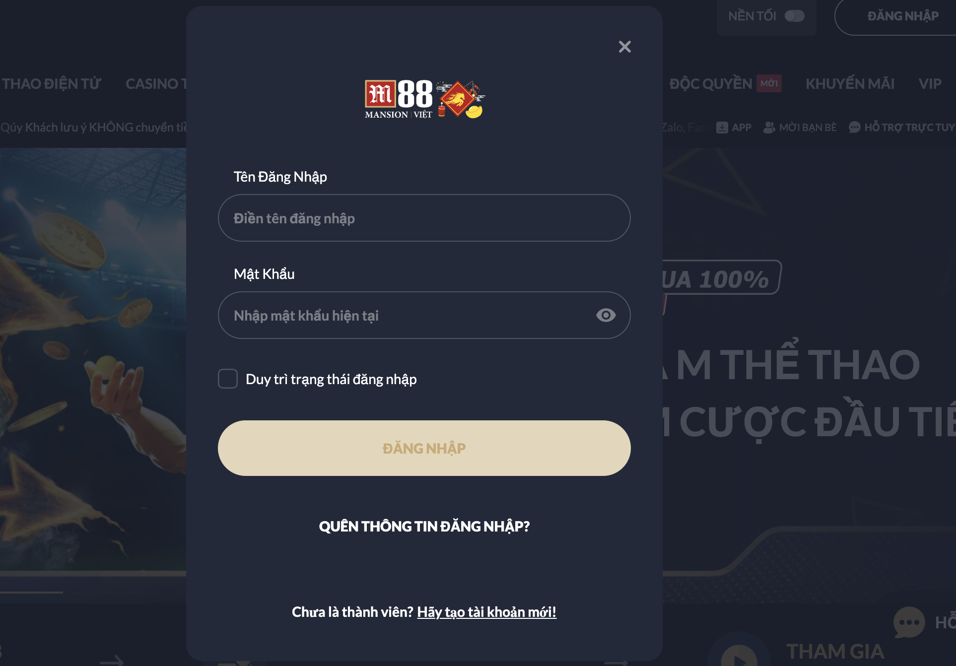 Hướng dẫn thao tác đăng nhập vào tài khoản M88